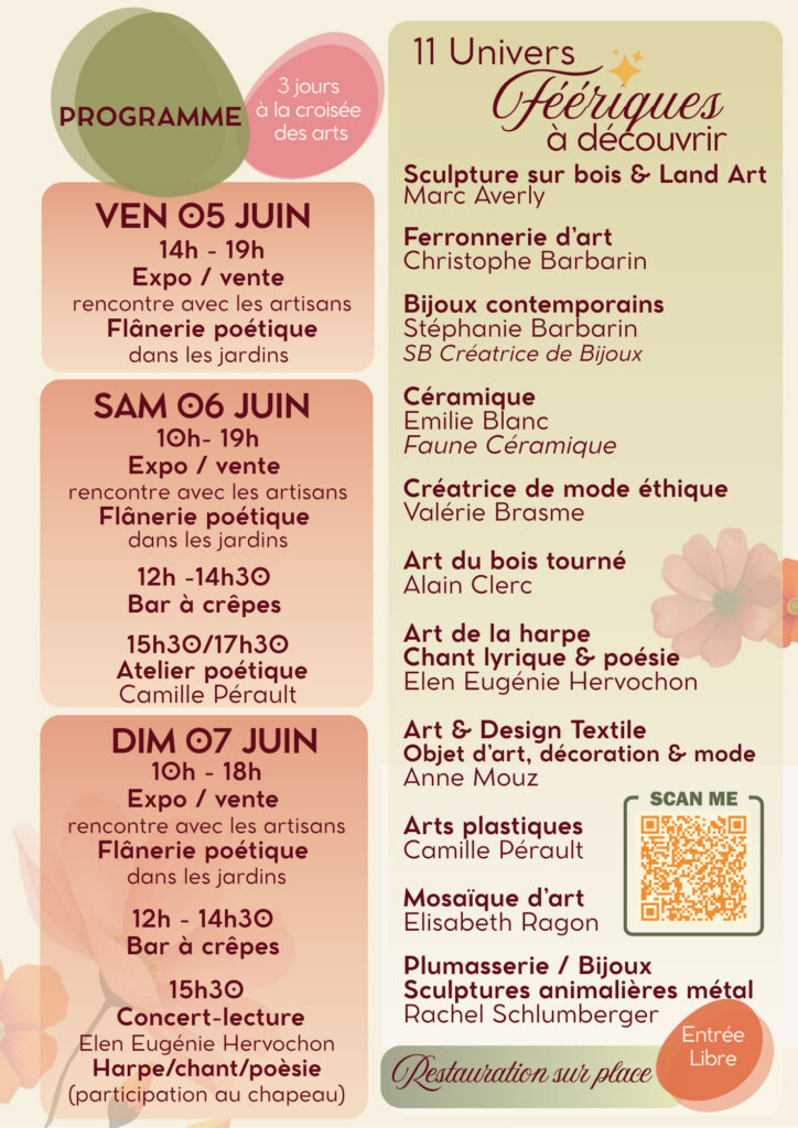 Affiche de l'exposition Merveilles d'Ateliers au Jardin, art et artisanat d'art les 5, 6 et 7 juin 2026 à Crocaloges, La Vineuse sur Frégande