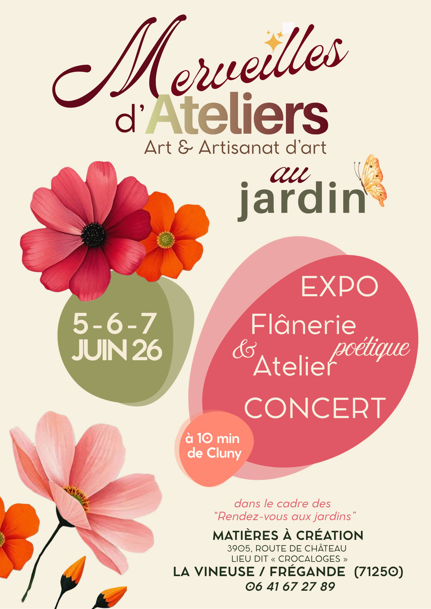 Affiche de l'exposition Merveilles d'Ateliers au Jardin, art et artisanat d'art les 5, 6 et 7 juin 2026 à Crocaloges, La Vineuse sur Frégande