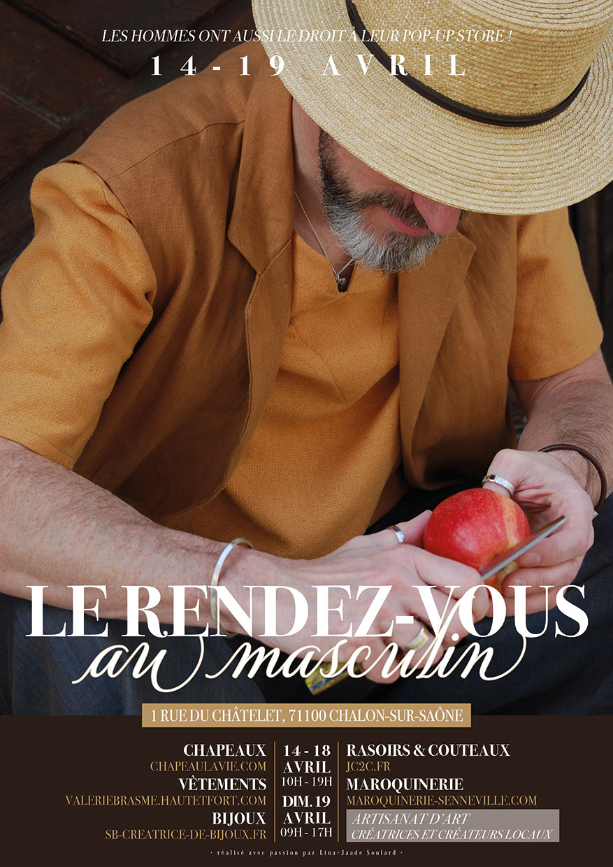 Voici les trois éléments pour ton image WordPress : Texte alternatif (balise alt — pour le SEO et l'accessibilité, concis) Affiche de l'événement Le Rendez-Vous au Masculin, pop-up store artisanat à Chalon-sur-Saône du 14 au 19 avril 2026