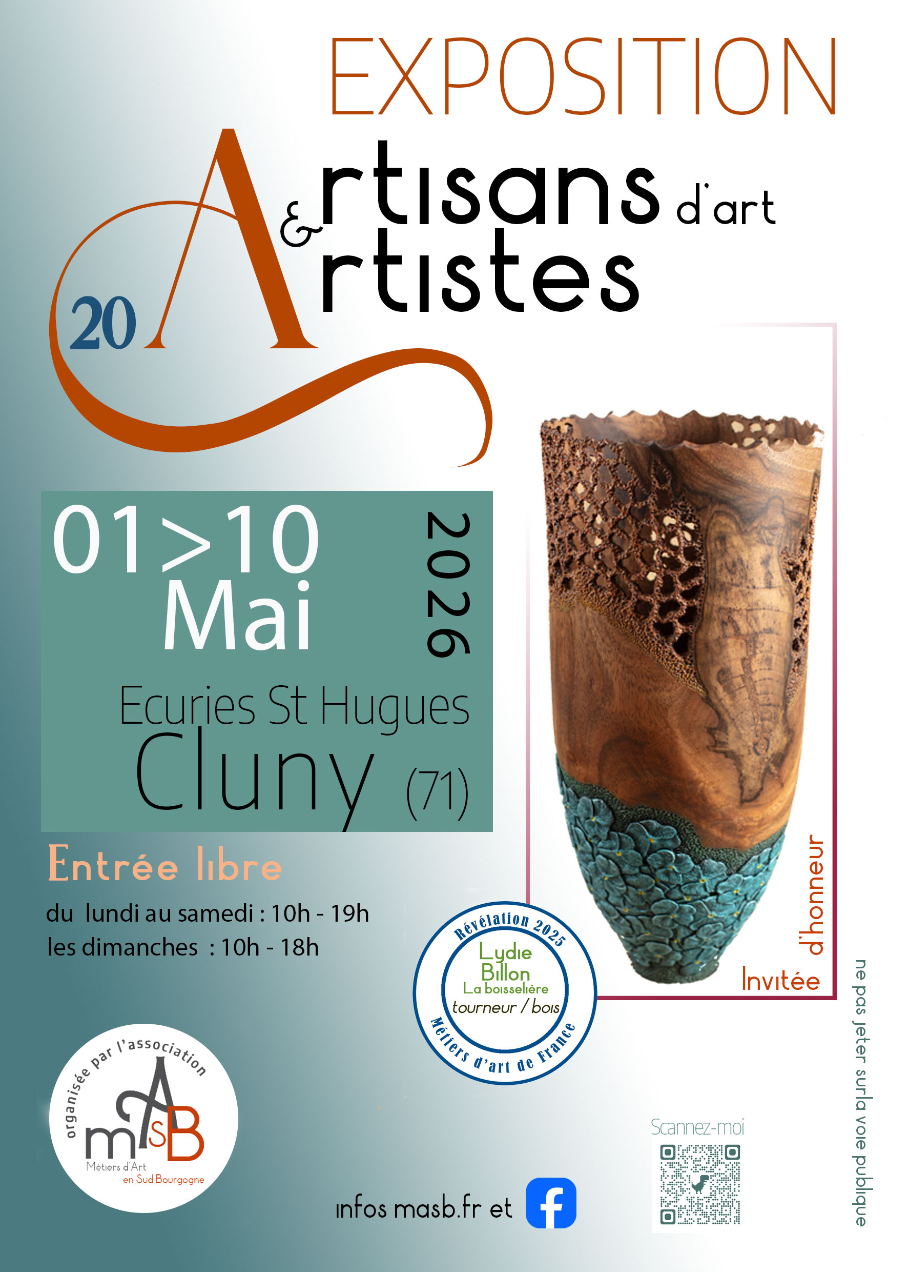 Affiche de l'exposition Artisans d'art et Artistes, 20e édition, aux Écuries Saint-Hugues de Cluny du 1er au 10 mai 2026